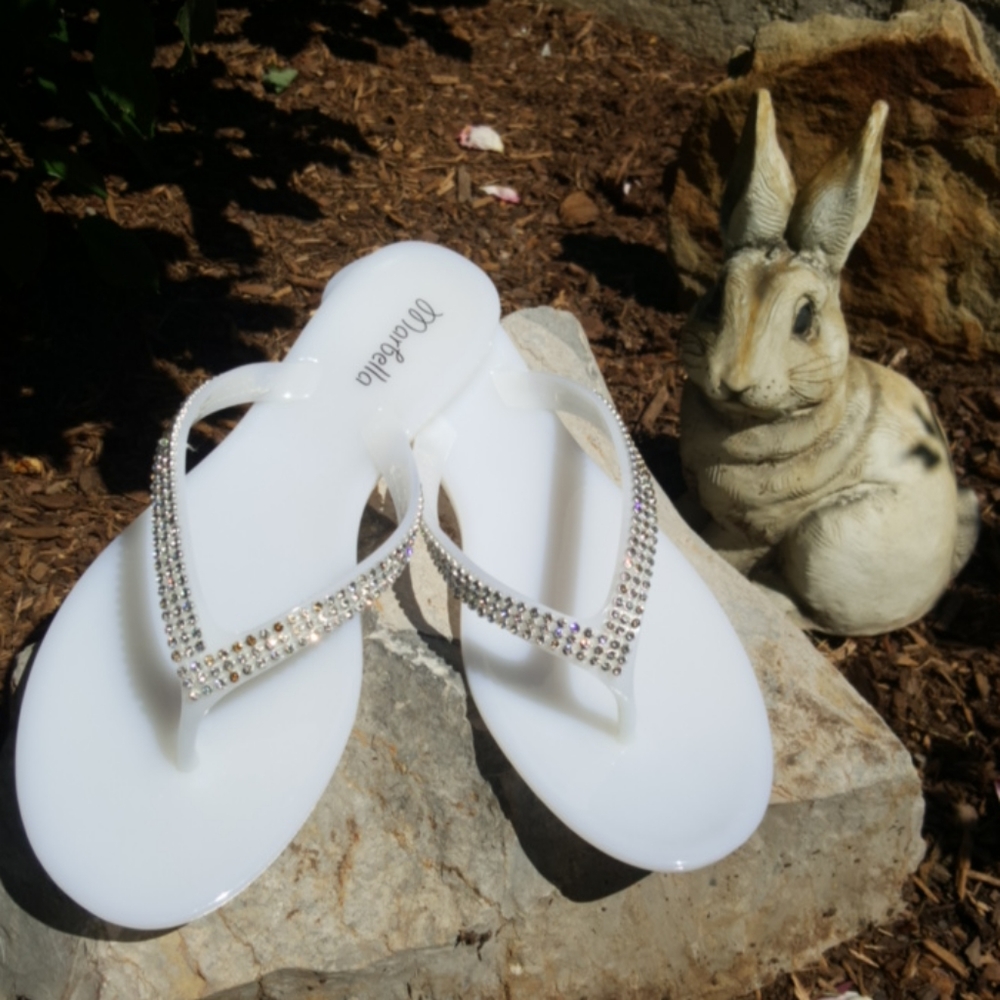 MARBELLA ♡ Gorgeous White Embellished Bling of Rhinestones Jelly Thong Sandals 6
